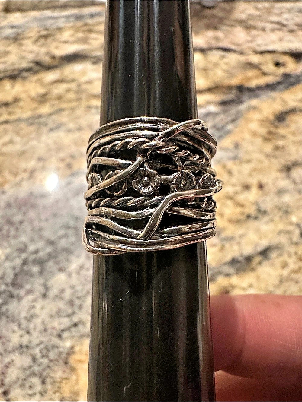 Multi-textured wire-wrapped ornate sterling silver statement ring Israel size 7